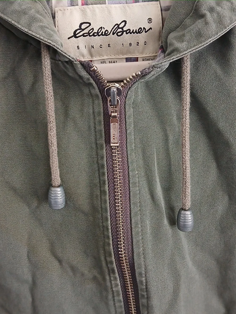 Eddie Bauer Women's Vintage Olive Green Chore Coat Zip Up With Hood Size Large